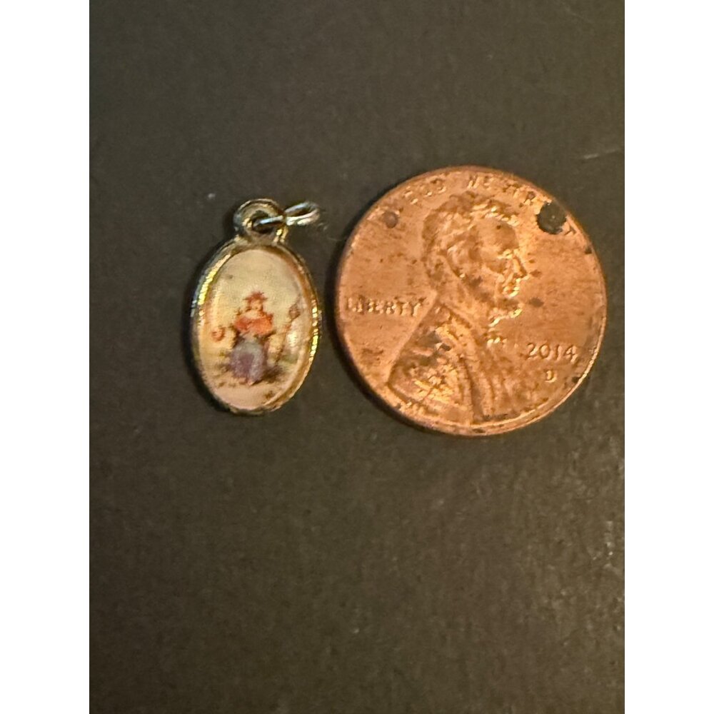 MICRO MINI Vintage Gold-Tone Oval Religious Pendant Painted Saint & Cross